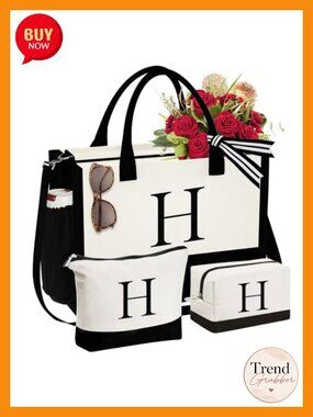 3 Pc Canvas Tote Bag Set with Embroidered Initial & Makeup Bags